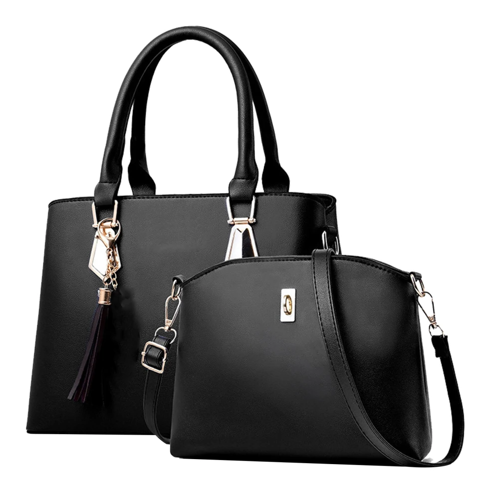 2pcs Women Handbag Large Capacity Fashionable PU Leather Shoulder Bag Handbag Set for Daily Use Black One Size