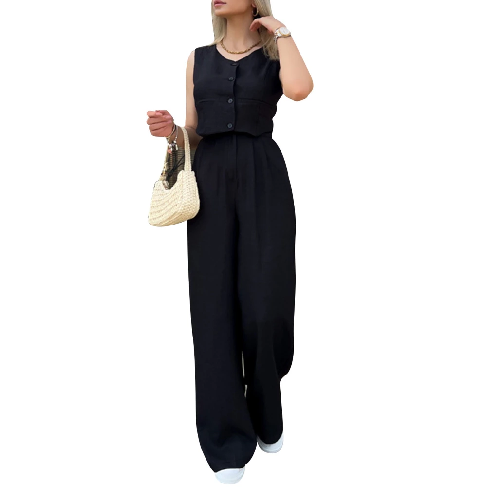 Women Tank Top Long Pants Set Sleeveless V Neck Button Up Wide Legs Two Piece Outfits Casual Set for Summer Black S