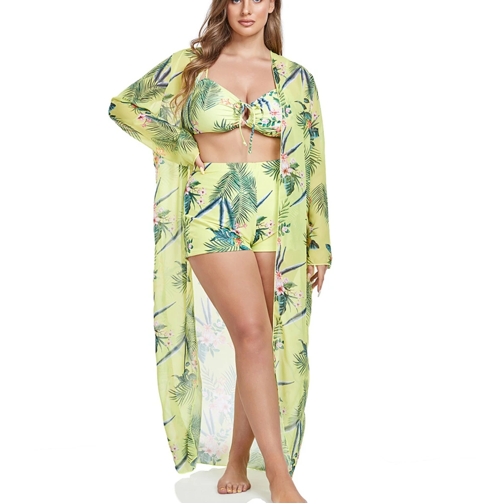 3 Pieces Swimming Set Floral Printed Oversize 3 Pieces Beach Cover Up Bathsuit for Women Yellow 0XL