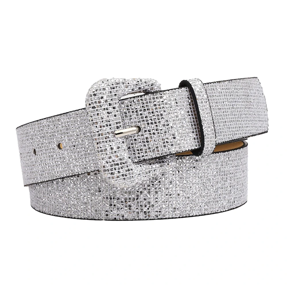 Women Retro Sequin Belt PU Adjustable Stylish Wide Shiny Bling Belt for Statement Party Light Silver Free Size