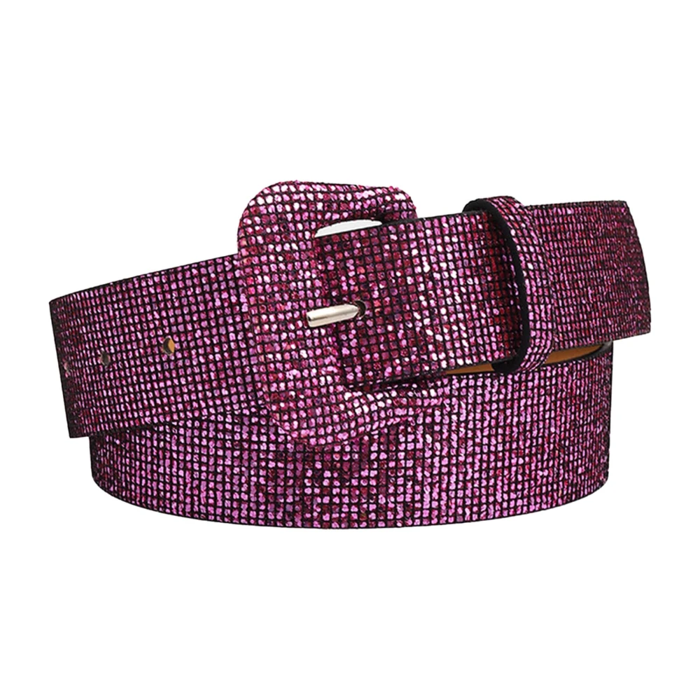 Women Retro Sequin Belt PU Adjustable Stylish Wide Shiny Bling Belt for Statement Party Plum Red Free Size