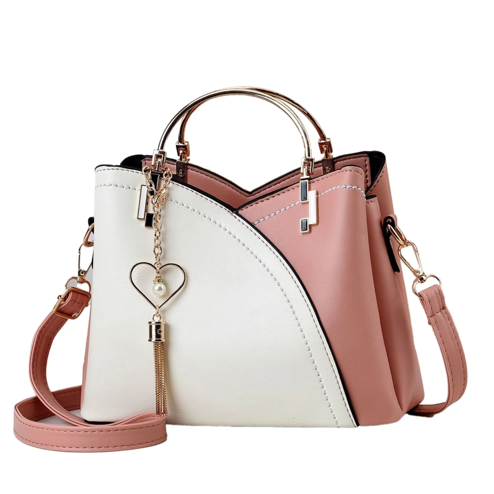 Women Handbag Large Capacity Fashionable Casual PU Shoulder Bag with Pendant Decoration for Shopping Party Office Pink and White Free Size