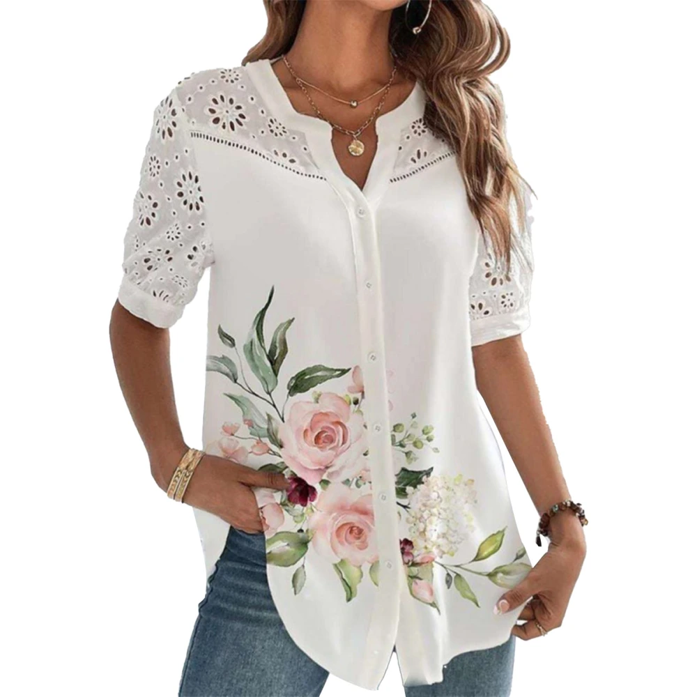 Floral Button Up Tunic Blouse Printed Lace Stitching Fashionable V Neckline Button Up Tunic Blouse Pink Large Flowers L