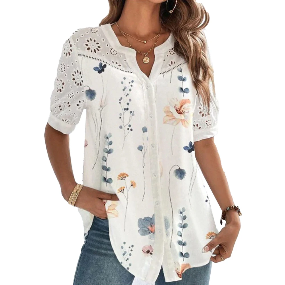 Floral Button Up Tunic Blouse Printed Lace Stitching Fashionable V Neckline Button Up Tunic Blouse White with Blue Flowers S