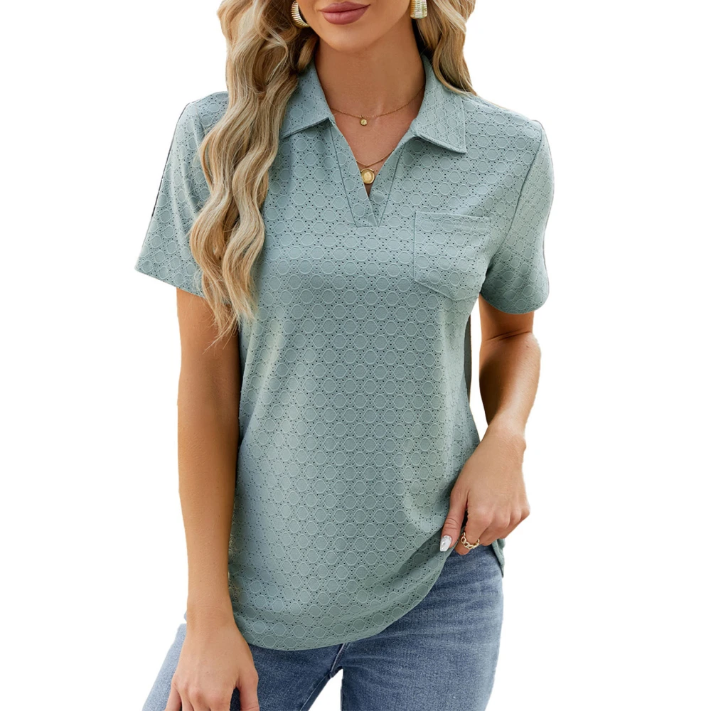 Women Collared V Neck T Shirt Short Sleeve Casual Loose Fit Summer Collared Pullover Top Dark Green S