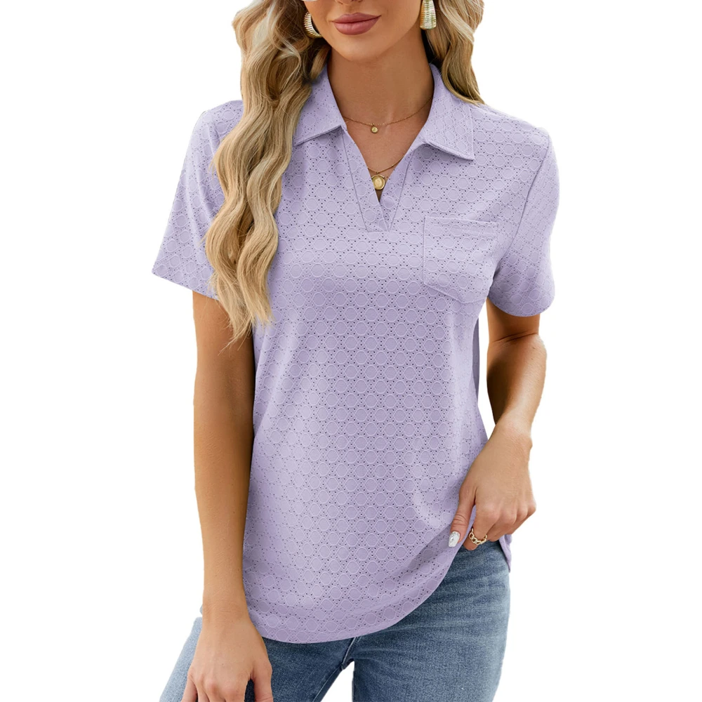 Women Collared V Neck T Shirt Short Sleeve Casual Loose Fit Summer Collared Pullover Top Purple XXL