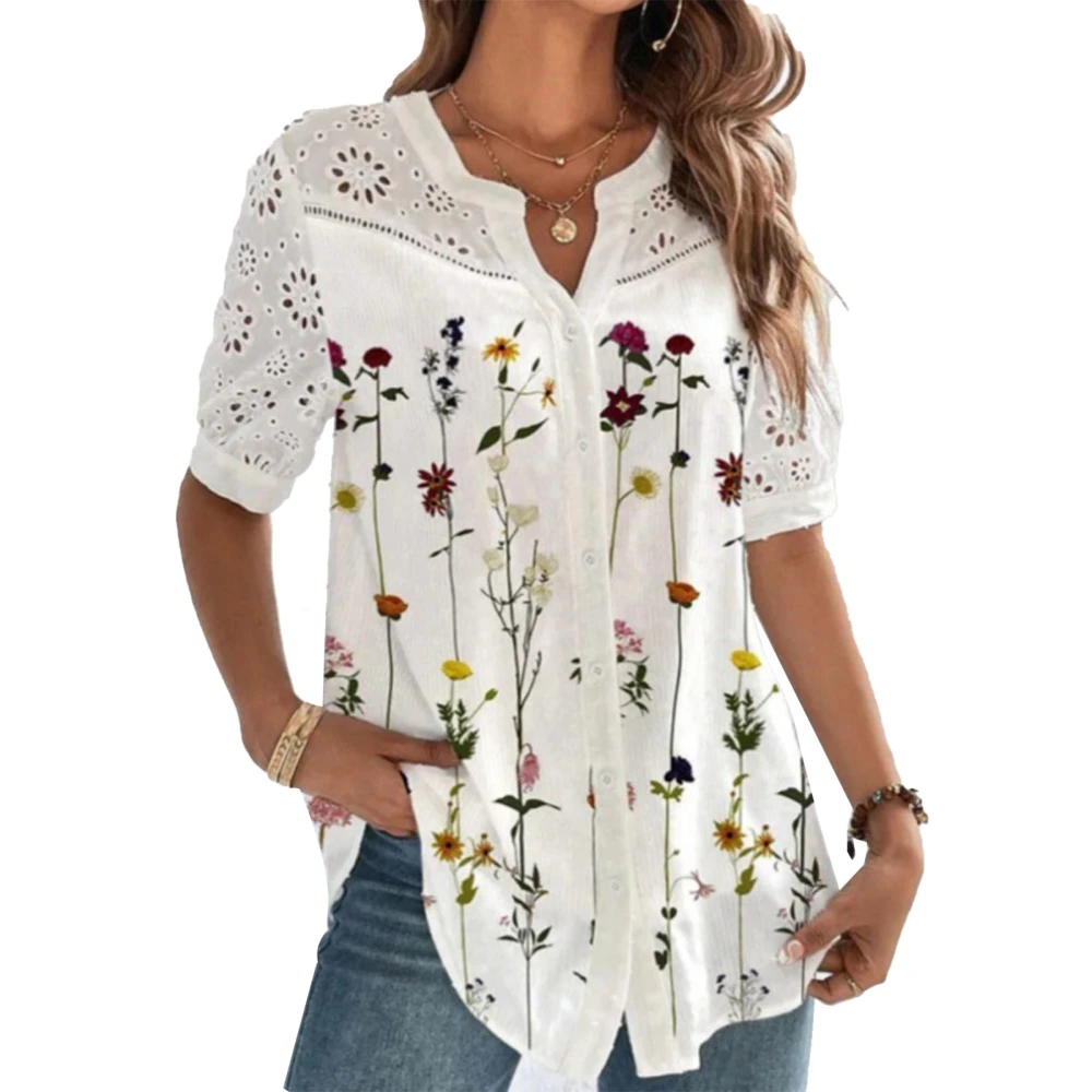 Floral Button Up Tunic Blouse Printed Lace Stitching Fashionable V Neckline Button Up Tunic Blouse White with Red Flowers M