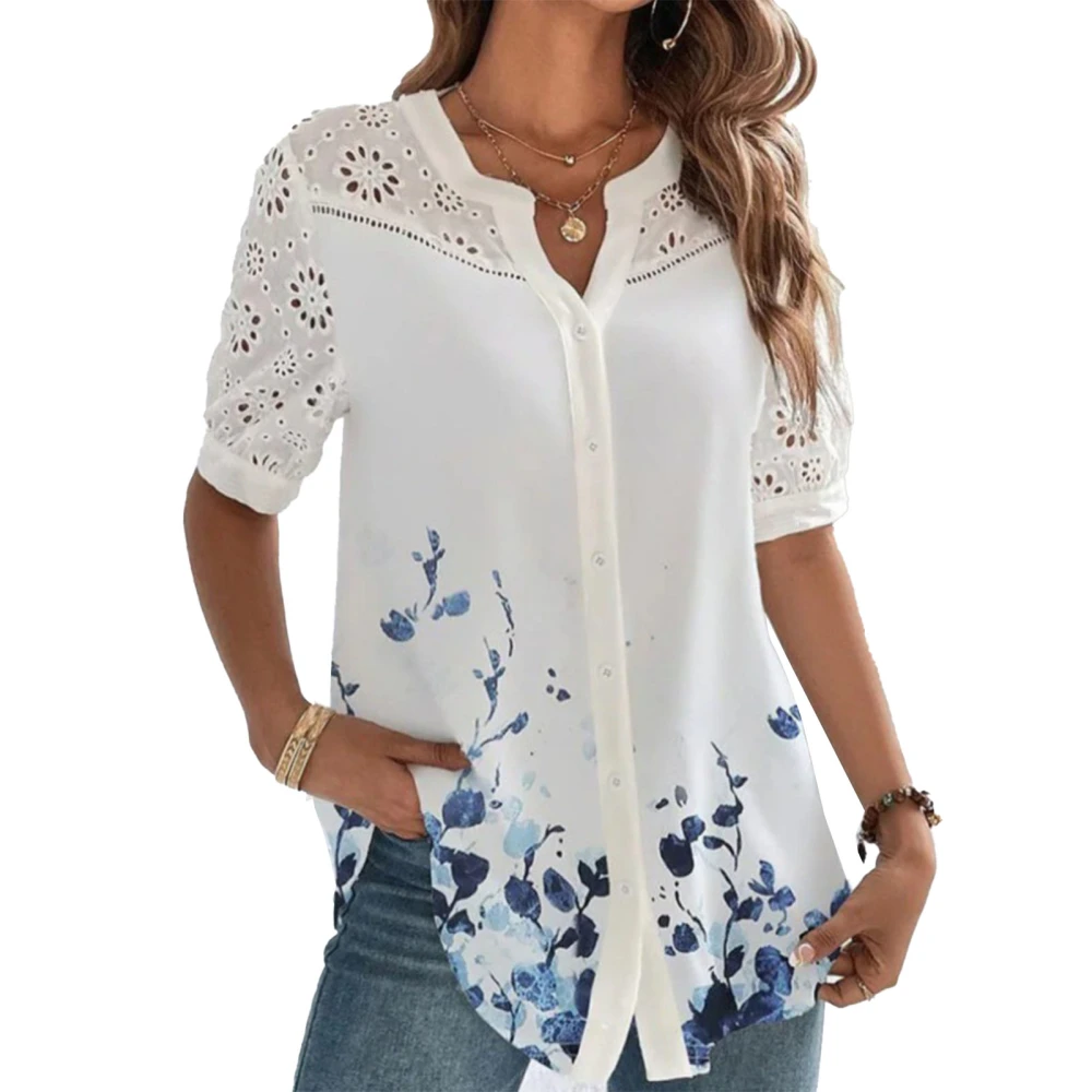 Floral Button Up Tunic Blouse Printed Lace Stitching Fashionable V Neckline Button Up Tunic Blouse Ink flowers L