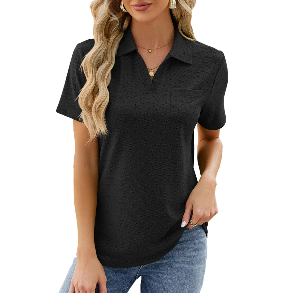 Women Collared V Neck T Shirt Short Sleeve Casual Loose Fit Summer Collared Pullover Top Black XXL