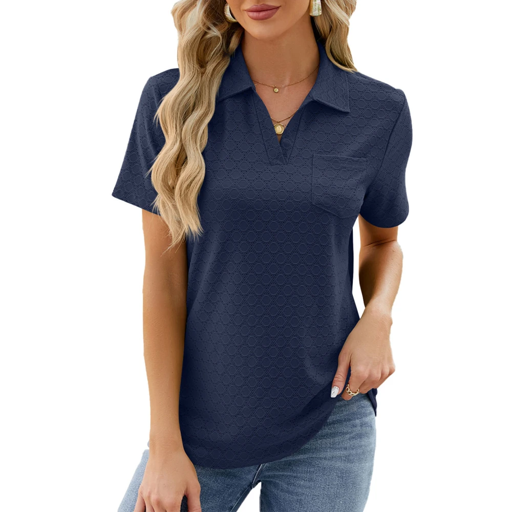 Women Collared V Neck T Shirt Short Sleeve Casual Loose Fit Summer Collared Pullover Top Navy Blue S