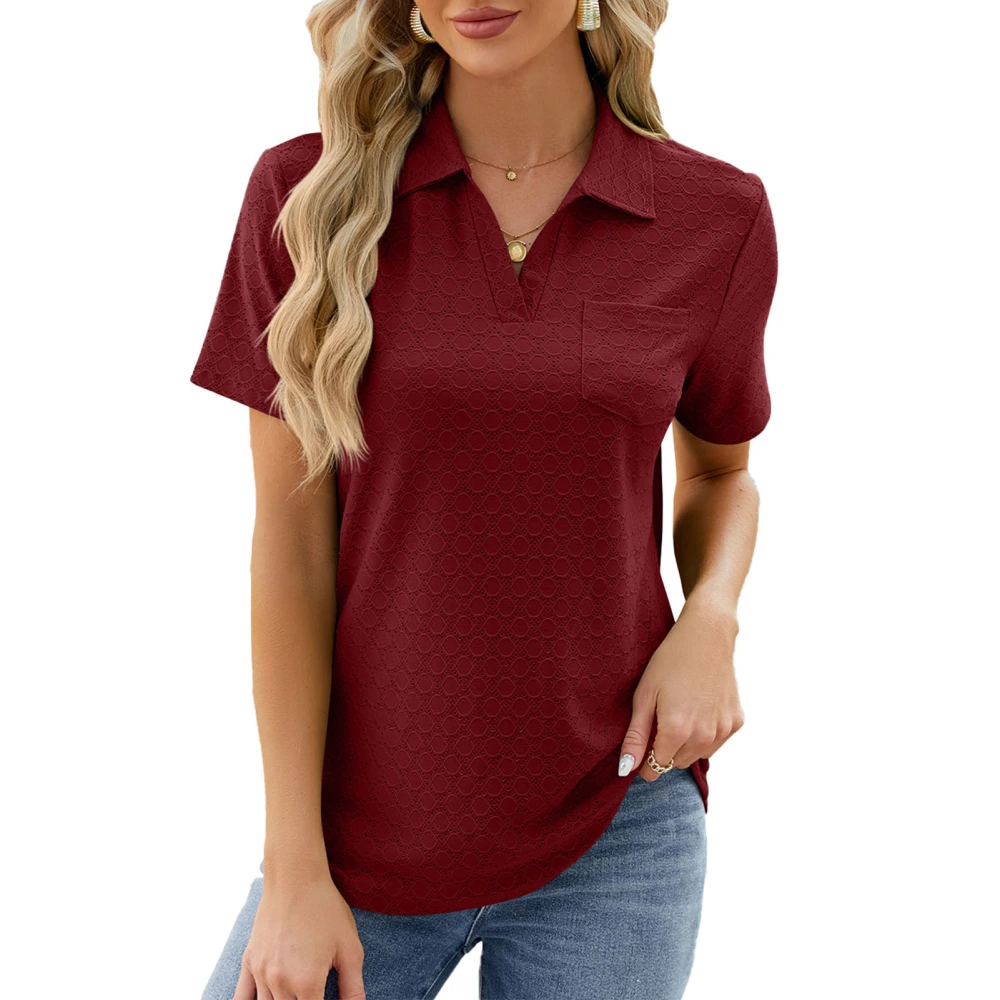 Women Collared V Neck T Shirt Short Sleeve Casual Loose Fit Summer Collared Pullover Top Burgundy S