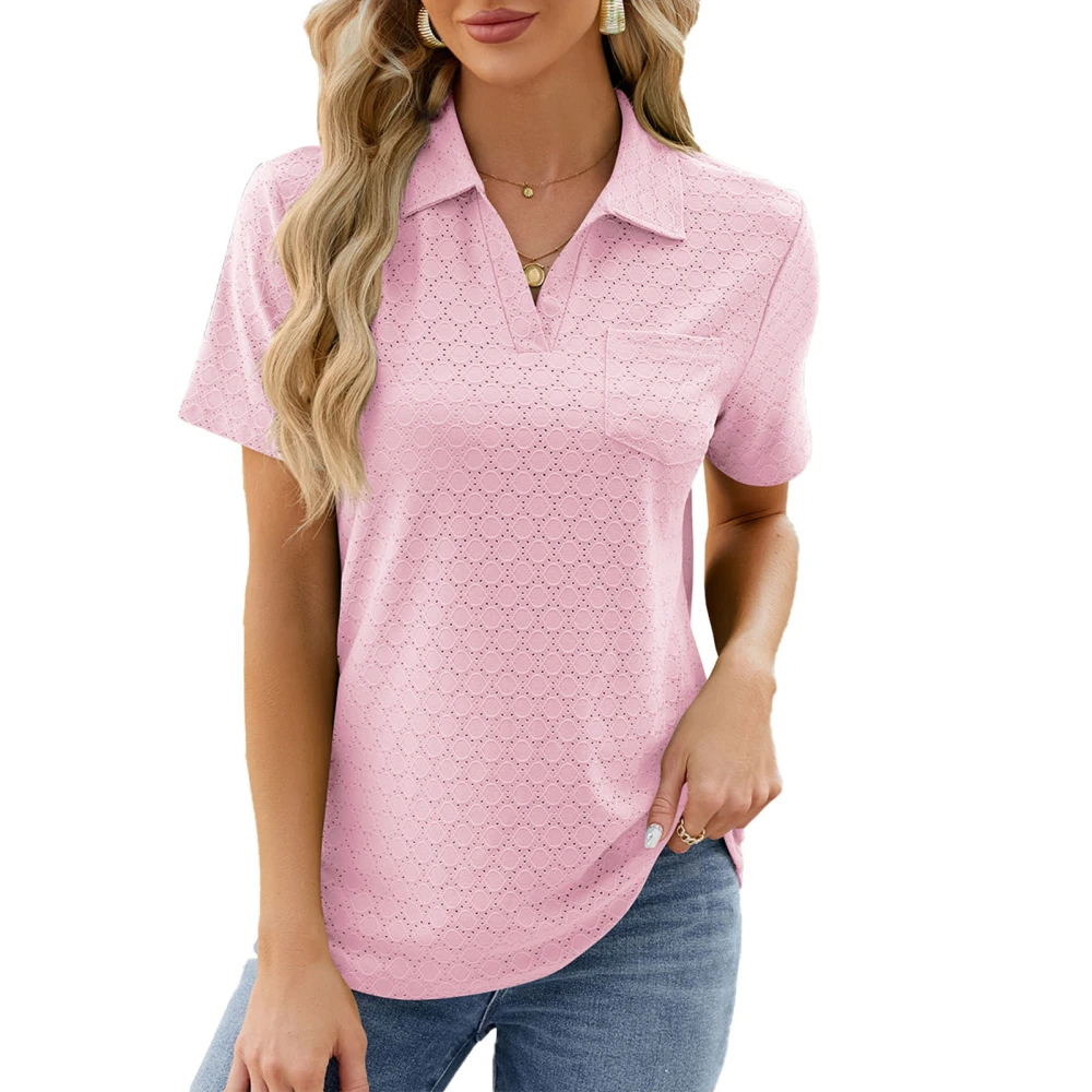 Women Collared V Neck T Shirt Short Sleeve Casual Loose Fit Summer Collared Pullover Top Light Pink M