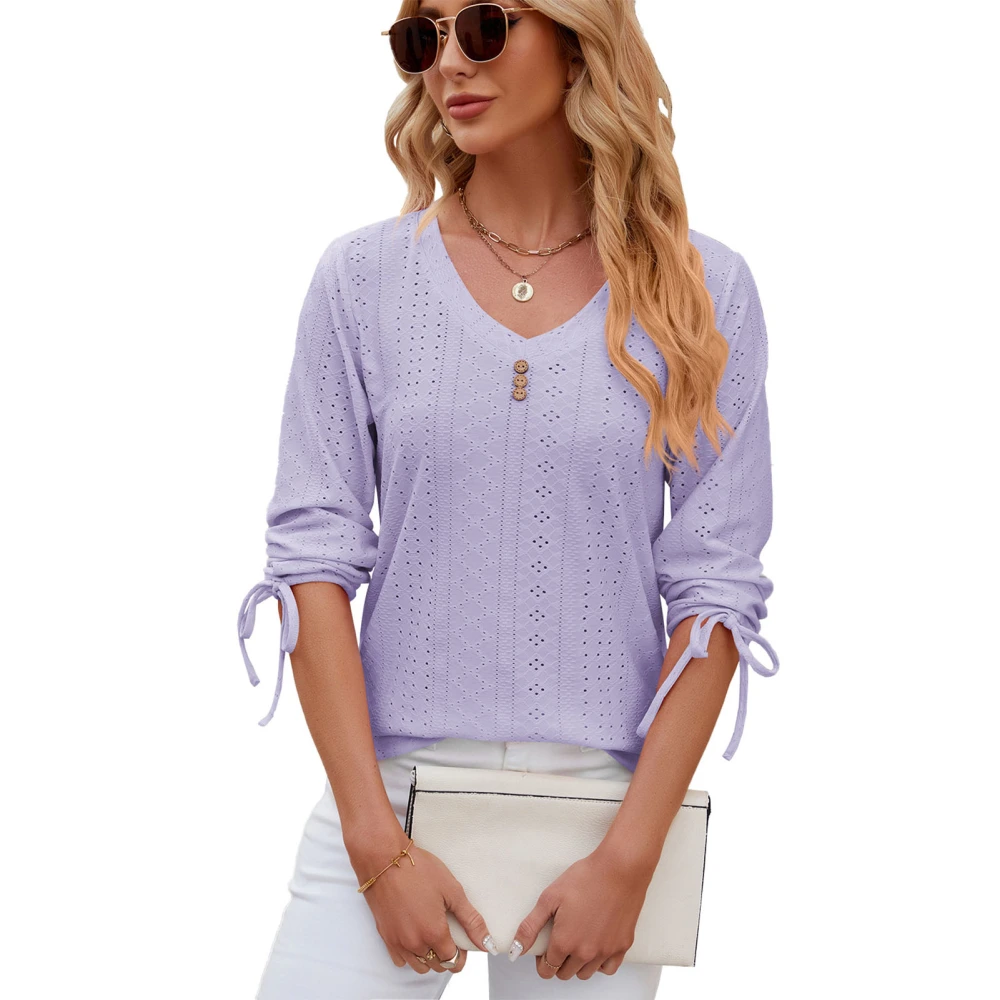 Women V Neck T Shirts Cuff Drawstring Tie Button Trim Fashionable Casual Loose Fit Top for Daily Life Purple S