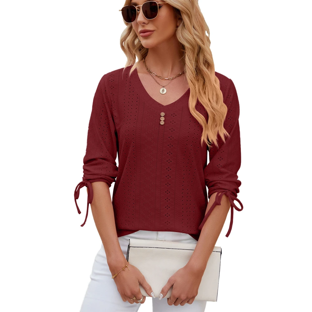 Women V Neck T Shirts Cuff Drawstring Tie Button Trim Fashionable Casual Loose Fit Top for Daily Life Wine Red XL