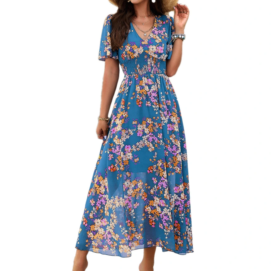 V Neck Long Printed Dress Short Sleeved Flowy Gathered Waist Printed Dress for Women Summer Blue S