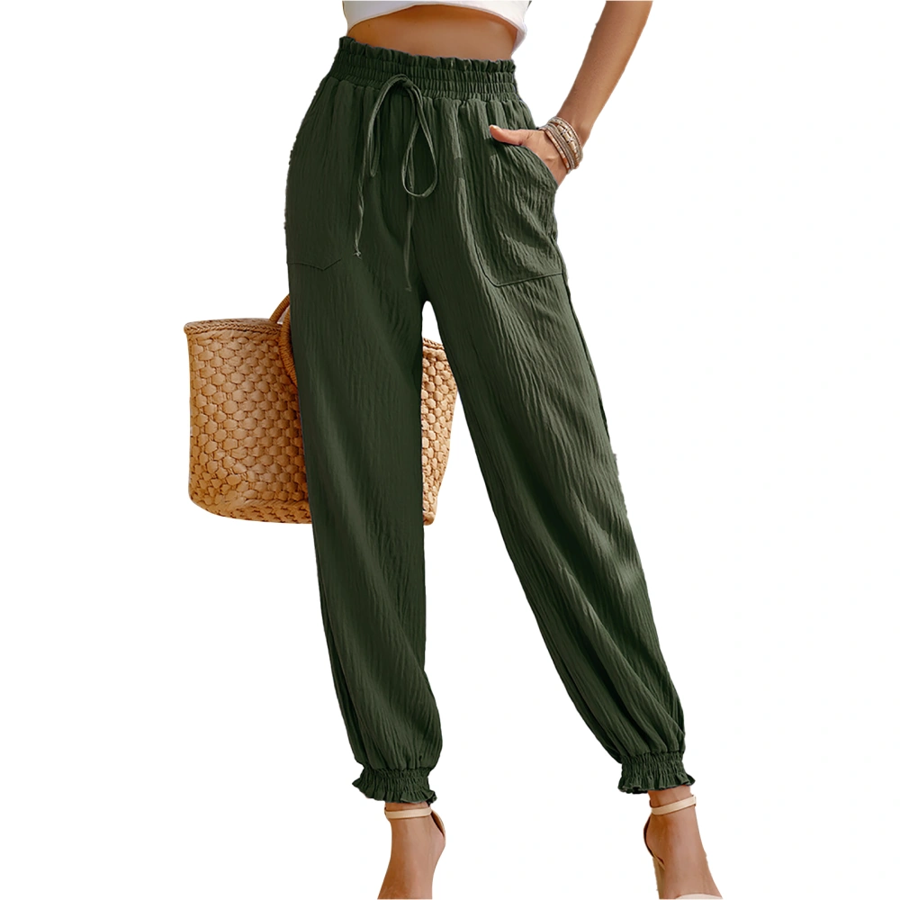 Women High Waist Long Pants Solid Color Elastic Waist 2 Pockets Simple Comfortable Ankle Tie Trousers for Party Office Travel Mixed Olives S