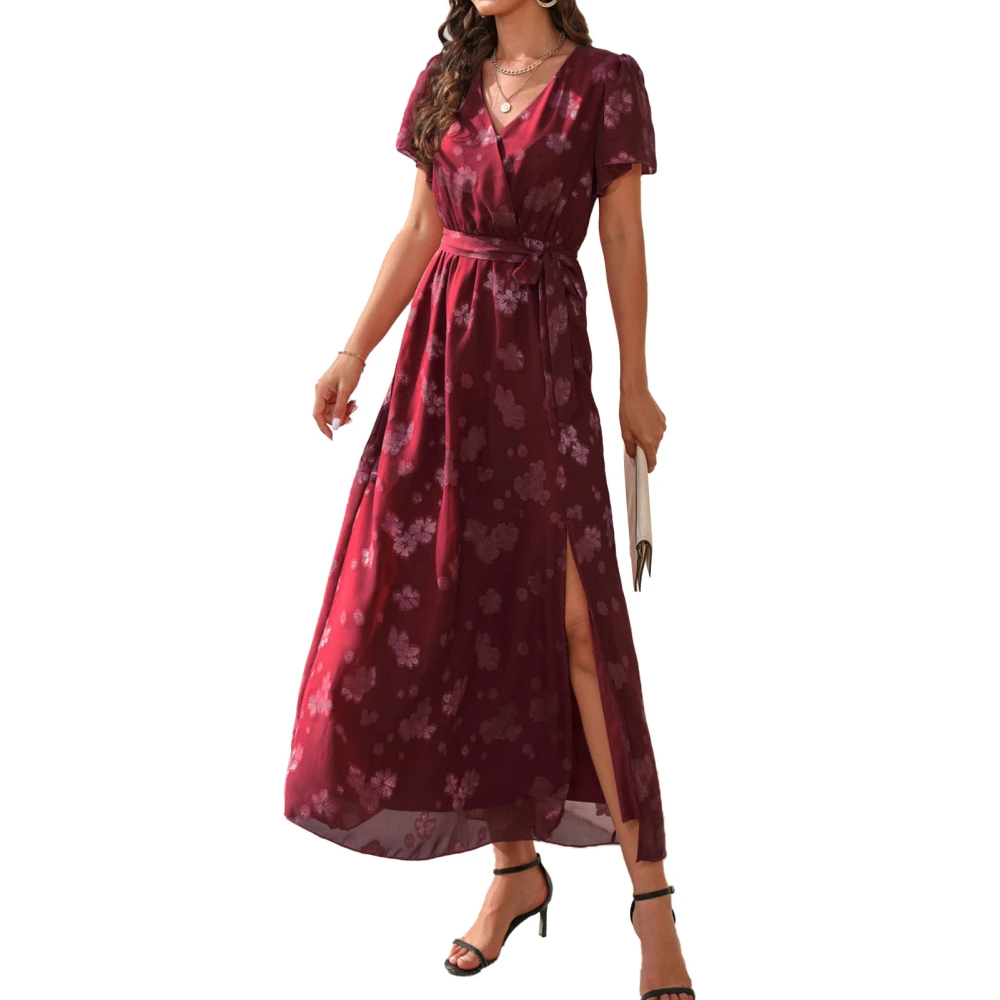 Short Sleeve Long Dress V Neck High Waist Floral Printed Side Split Fashionable for Party Casual Deep Red S