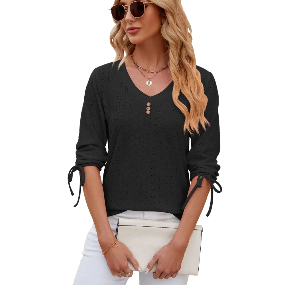 Women V Neck T Shirts Cuff Drawstring Tie Button Trim Fashionable Casual Loose Fit Top for Daily Life Black L