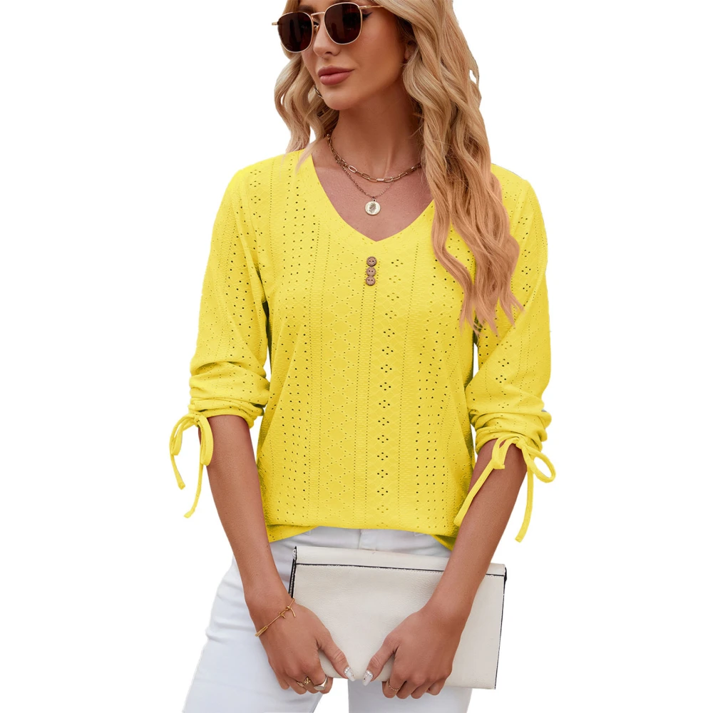 Women V Neck T Shirts Cuff Drawstring Tie Button Trim Fashionable Casual Loose Fit Top for Daily Life Yellow XXL