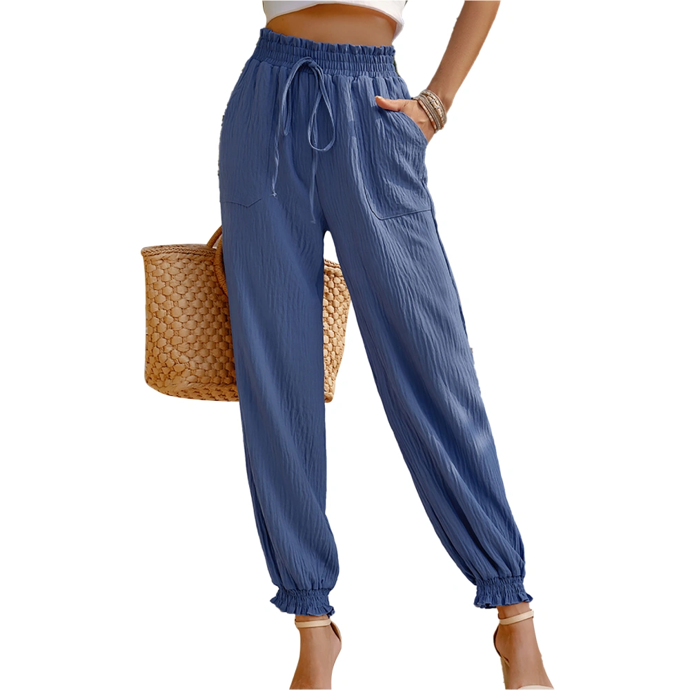 Women High Waist Long Pants Solid Color Elastic Waist 2 Pockets Simple Comfortable Ankle Tie Trousers for Party Office Travel Blue L