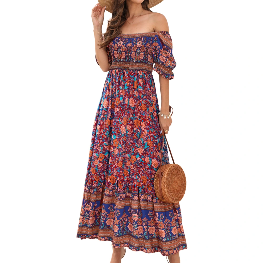 Women Printed Maxi Dress Short Bubble Sleeve Elastic Shirred Bust Off Shoulder Long Dress Red Base XL