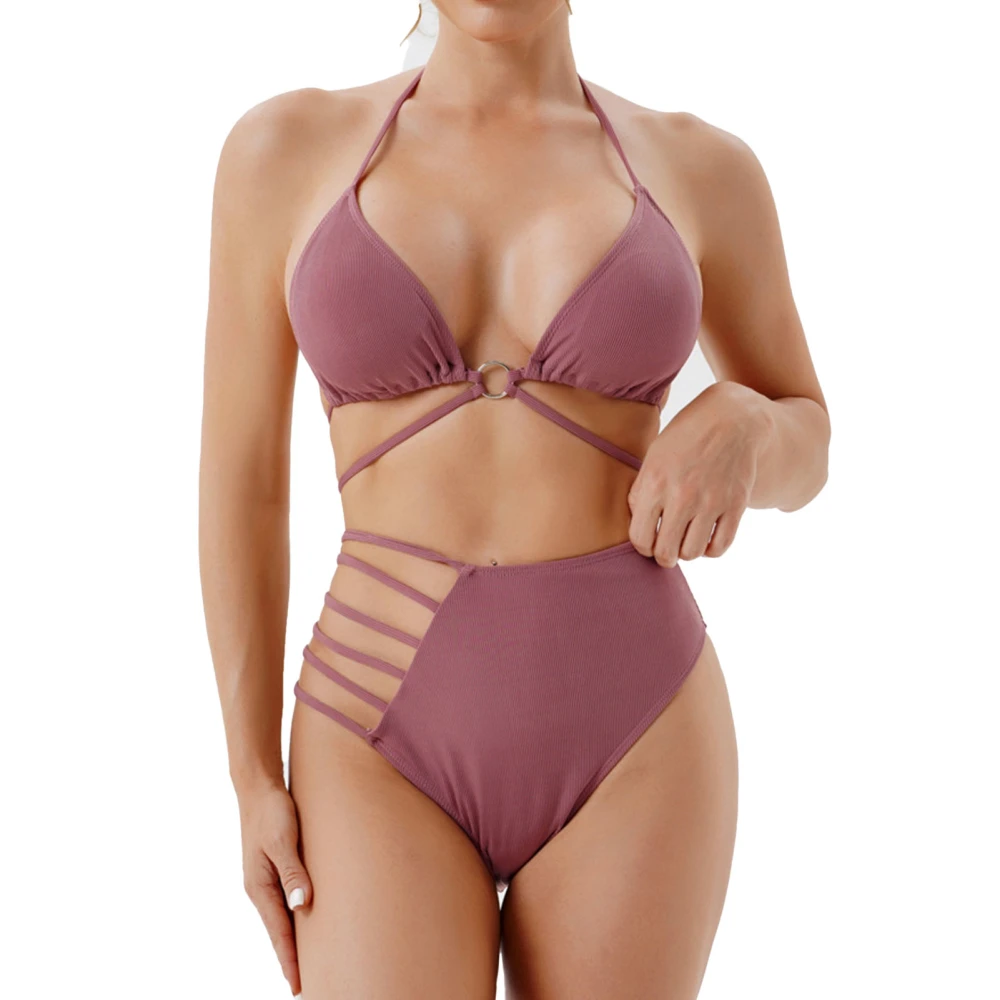 2 Pieces Bikini Set Fast Drying Backless Solid 2 Pieces Ring Linked Bikini for Women Beach Holiday Light Purple XL