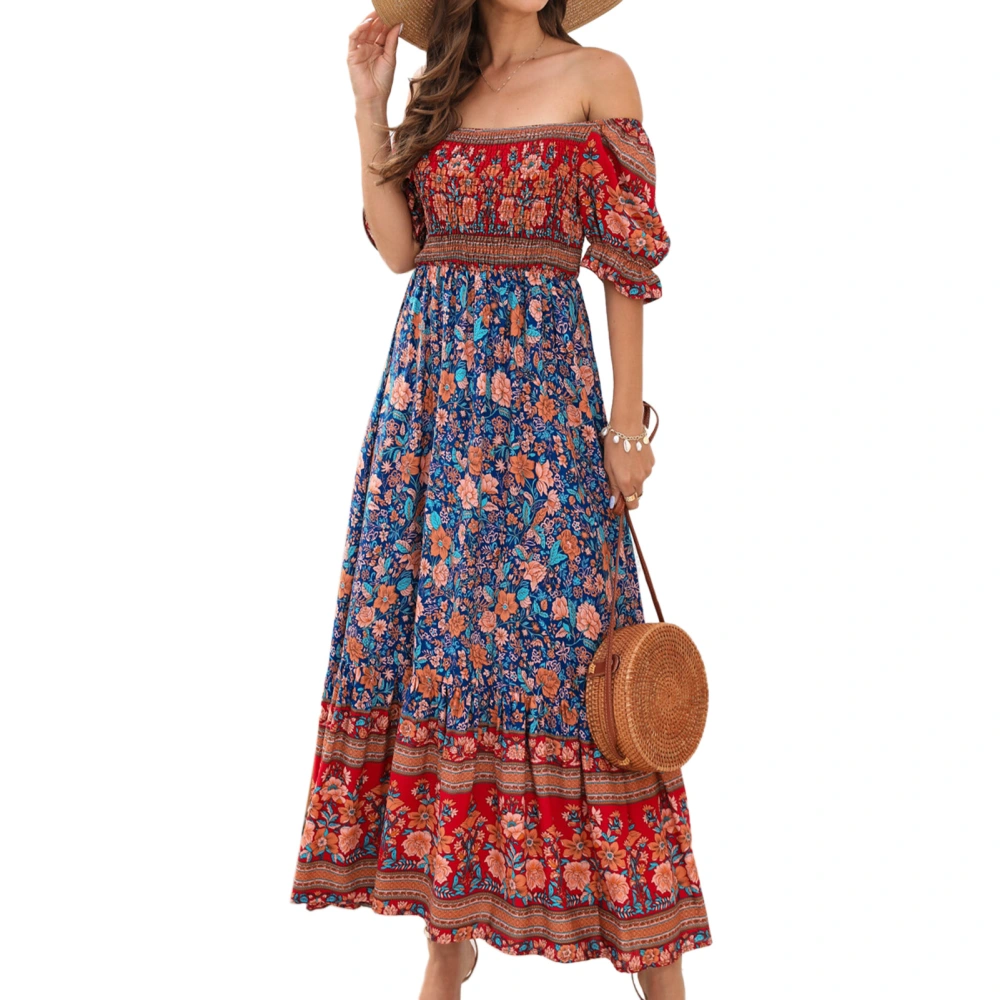 Women Printed Maxi Dress Short Bubble Sleeve Elastic Shirred Bust Off Shoulder Long Dress Blue Base M