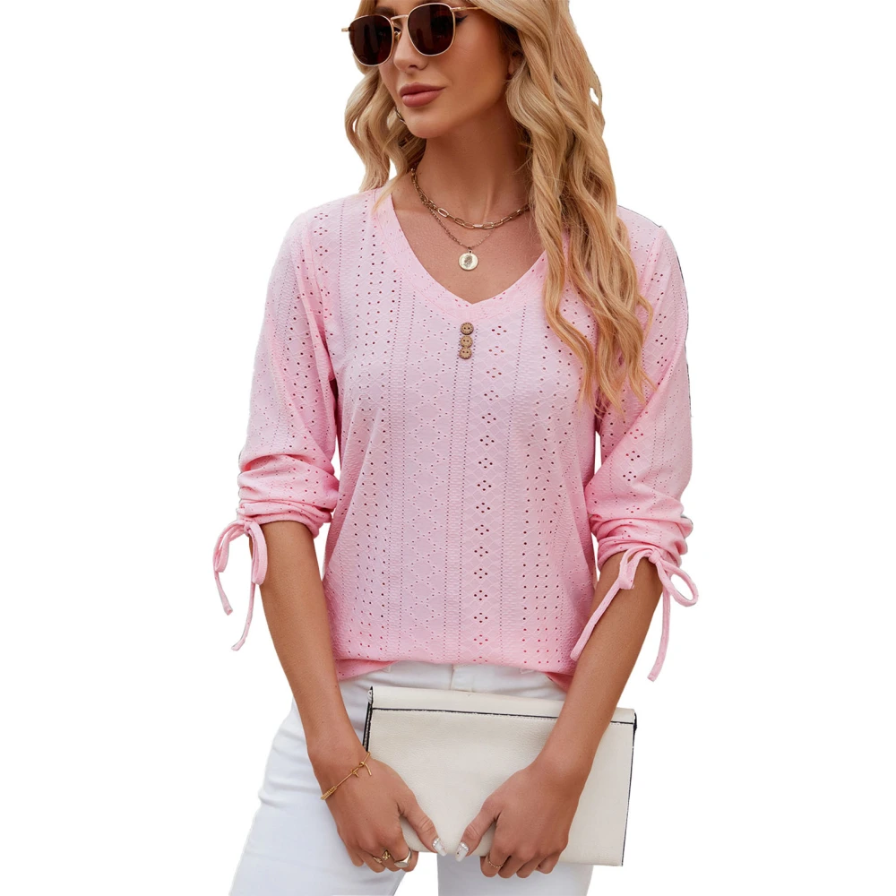 Women V Neck T Shirts Cuff Drawstring Tie Button Trim Fashionable Casual Loose Fit Top for Daily Life Pink XL