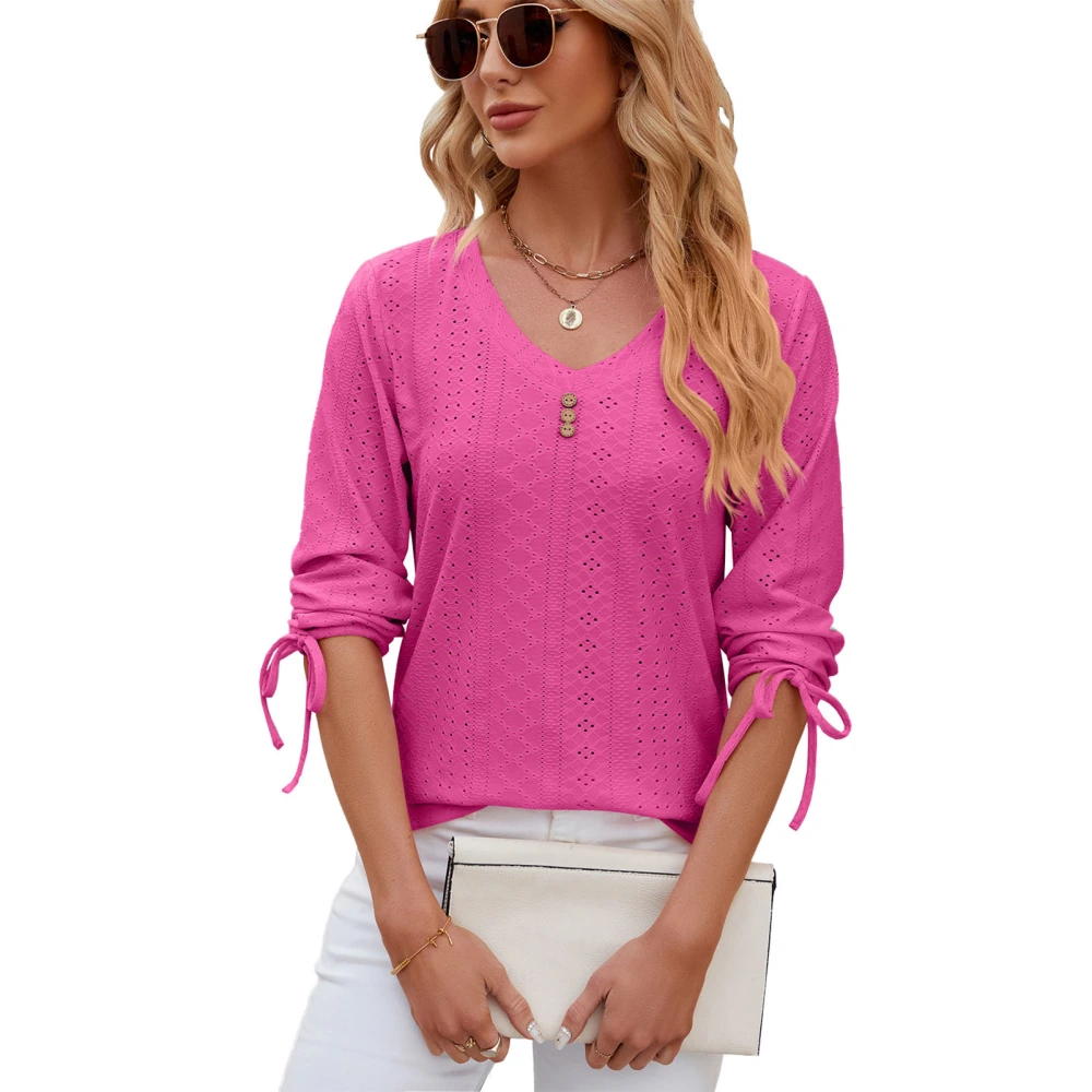 Women V Neck T Shirts Cuff Drawstring Tie Button Trim Fashionable Casual Loose Fit Top for Daily Life Bright Pink XXL