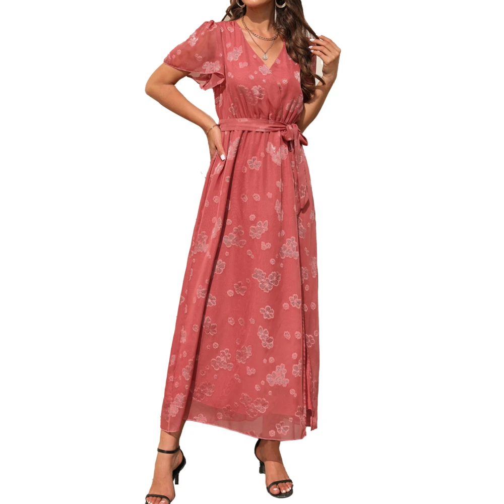 Short Sleeve Long Dress V Neck High Waist Floral Printed Side Split Fashionable for Party Casual Light Red S