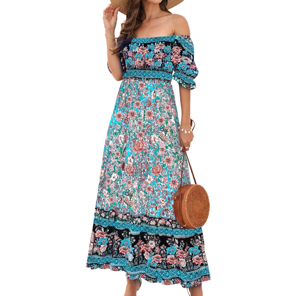 Women Printed Maxi Dress Short Bubble Sleeve Elastic Shirred Bust Off Shoulder Long Dress Blue XL