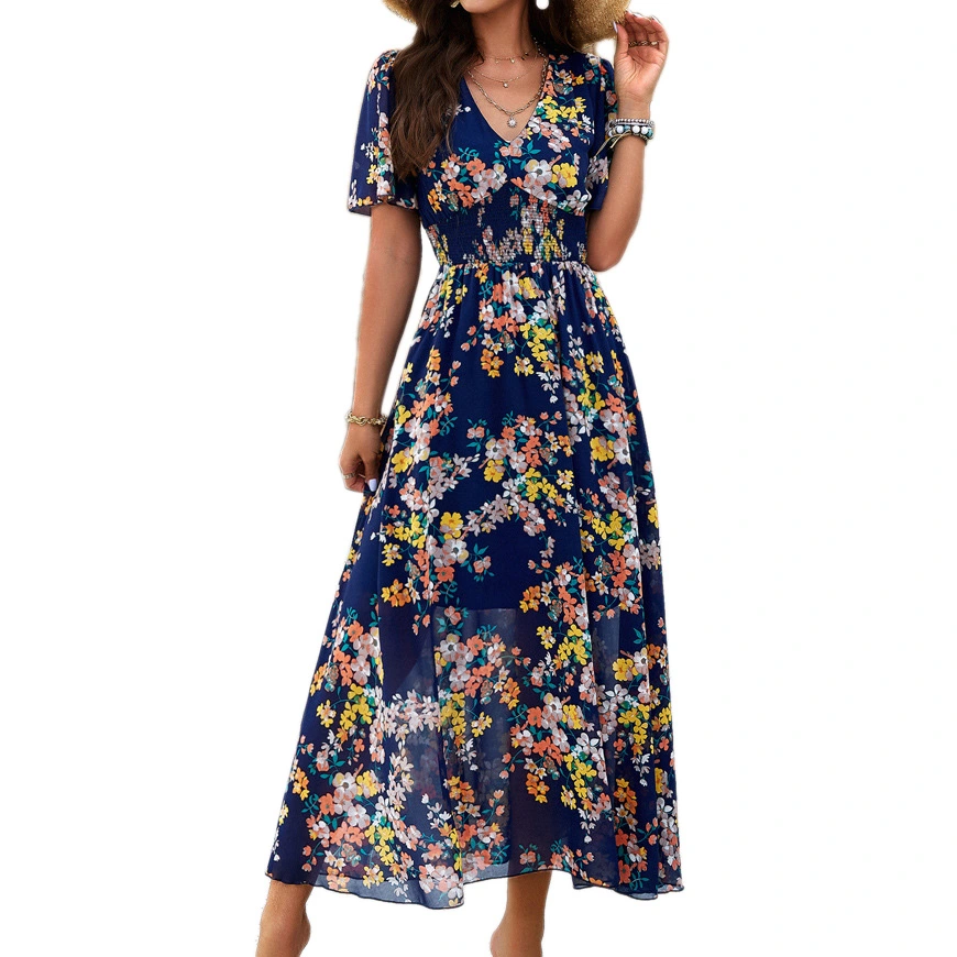 V Neck Long Printed Dress Short Sleeved Flowy Gathered Waist Printed Dress for Women Summer Navy Blue M