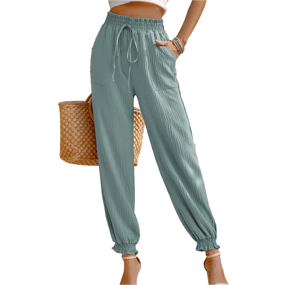 Women High Waist Long Pants Solid Color Elastic Waist 2 Pockets Simple Comfortable Ankle Tie Trousers for Party Office Travel Green L