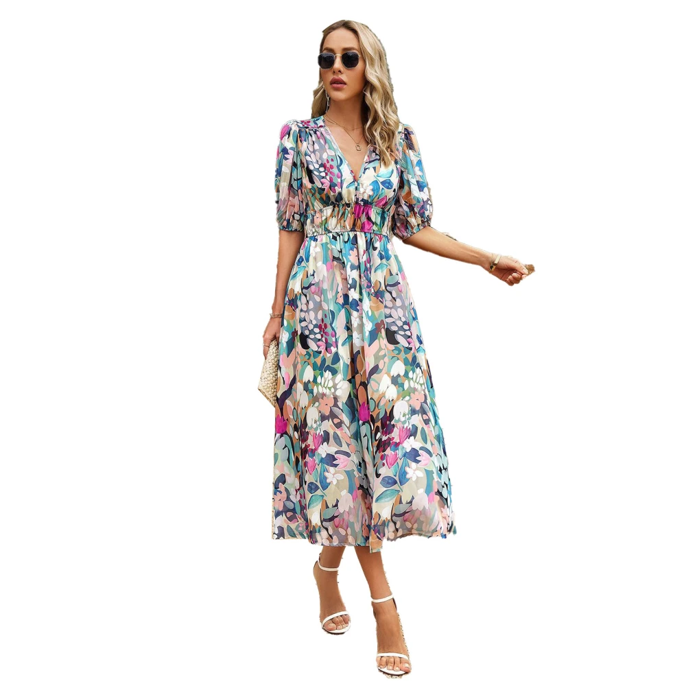 Women Deep V Neck Maxi Dress Pleated High Waist Floral Print Flowy Elegant Short Puff Sleeve Long Dress Green XL