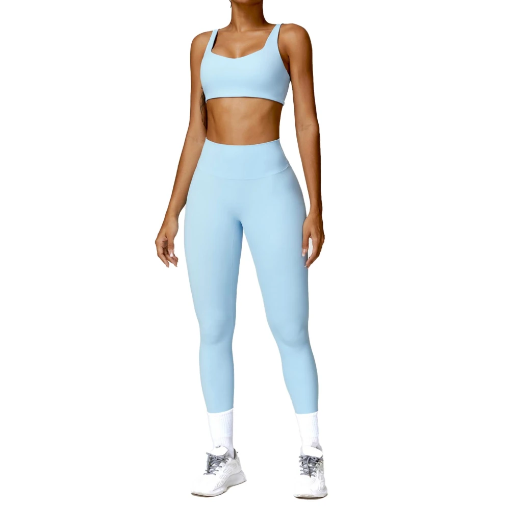 Women Workout Set High Waist Leggings U Neck Bra Sweat Wicking Tummy Control Two Piece Workout Outfits Sky Blue XL