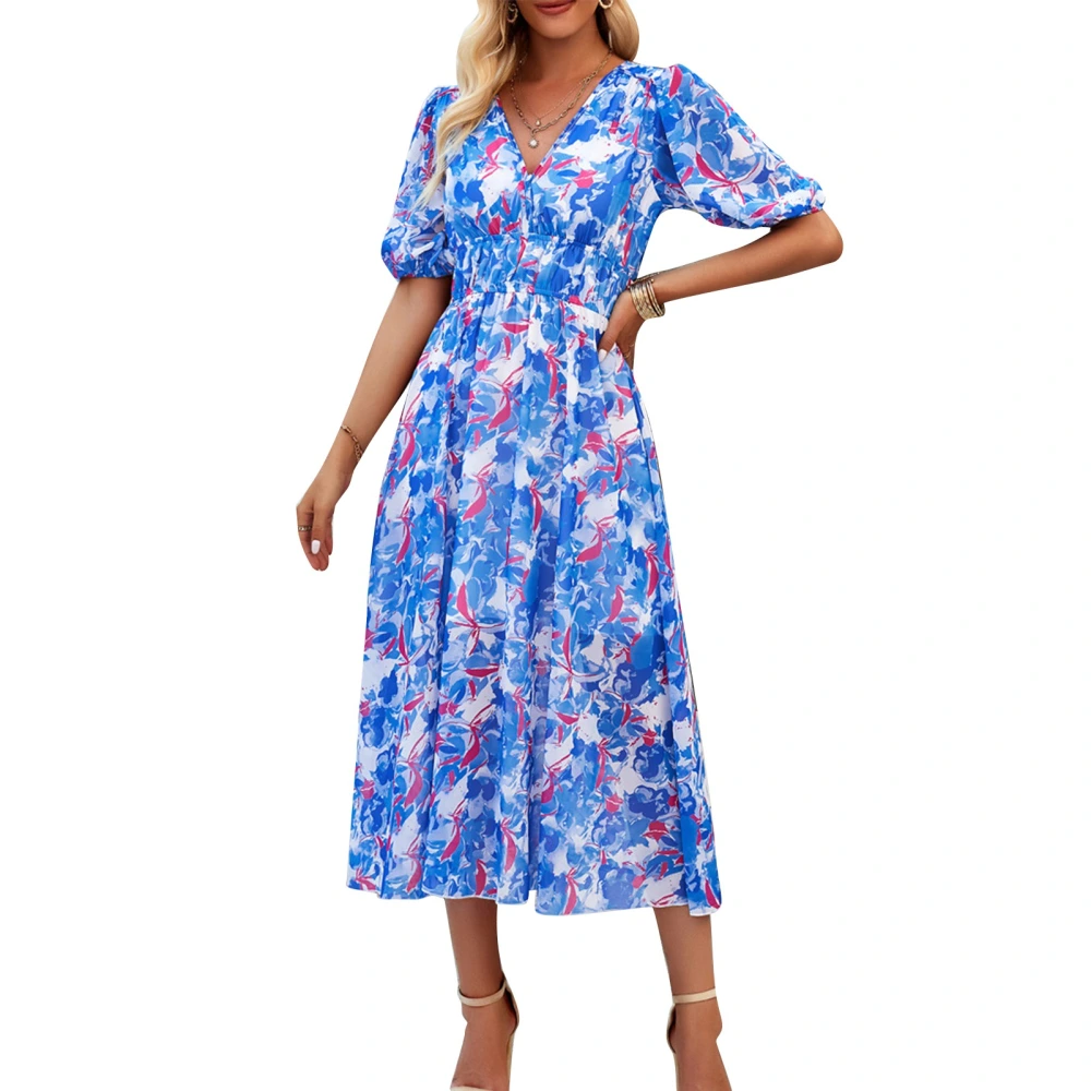 Women V Neck Maxi Dress Floral Printed Short Lantern Sleeve Flowy Flattering Waistline Midi Long Dress Blue XL