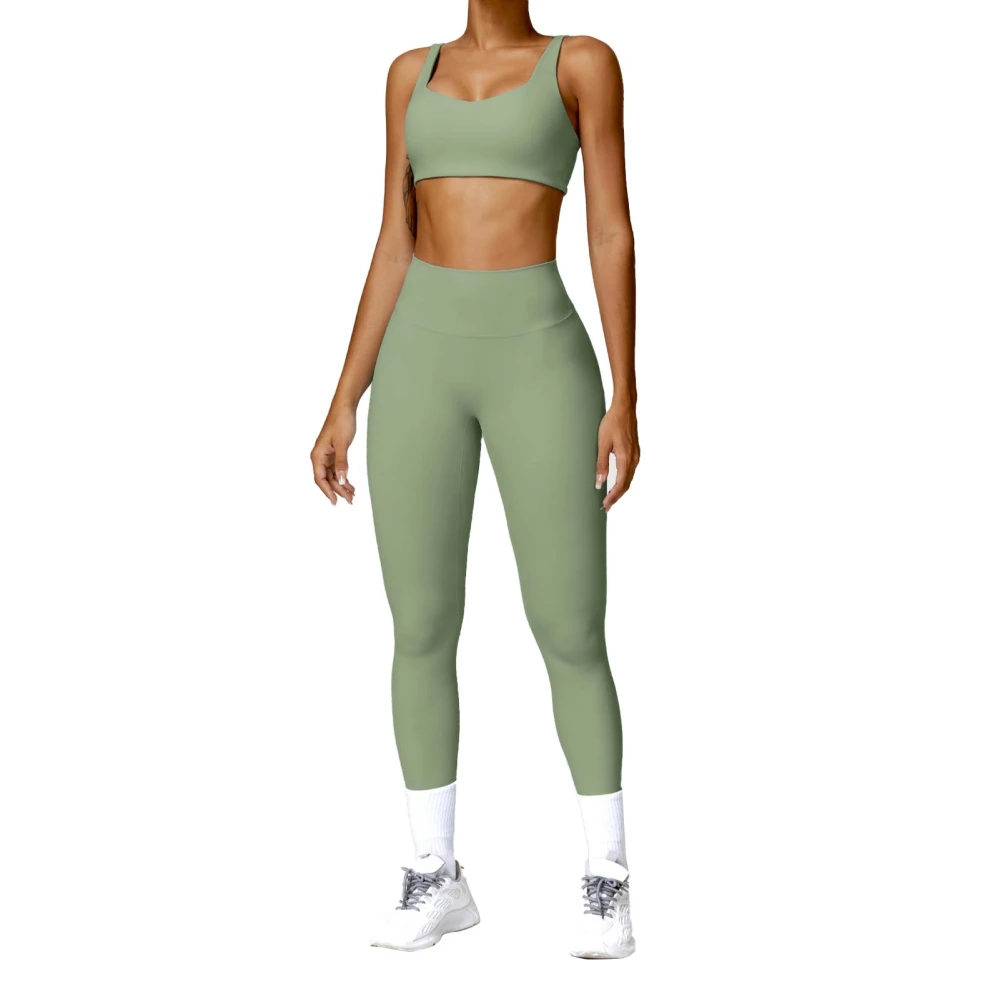 Women Workout Set High Waist Leggings U Neck Bra Sweat Wicking Tummy Control Two Piece Workout Outfits Green L