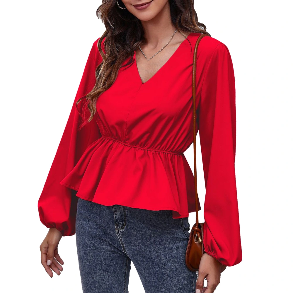 Women V Neck Blouse Lantern Long Sleeve Slim Waist Ruffle Hem Pure Color Elegant Casual Relax Fit Top Red L