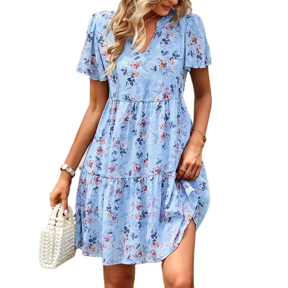 V Neckline Printed Dress Short Sleeve A Line Fashionable V Neck Dress for Women Wedding Blue XL