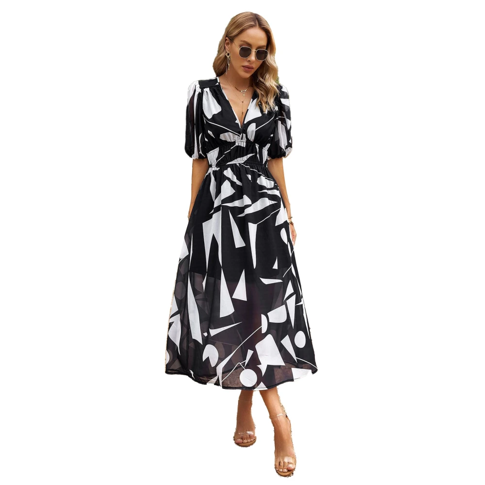 Women Deep V Neck Maxi Dress Pleated High Waist Floral Print Flowy Elegant Short Puff Sleeve Long Dress Black S