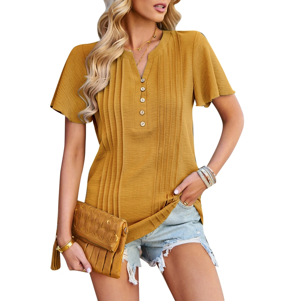 Women Short Sleeve Top Pure Color V Neck Loose Casual Breathable Comfortable Button Ruffled Blouse for Shopping Yellow L