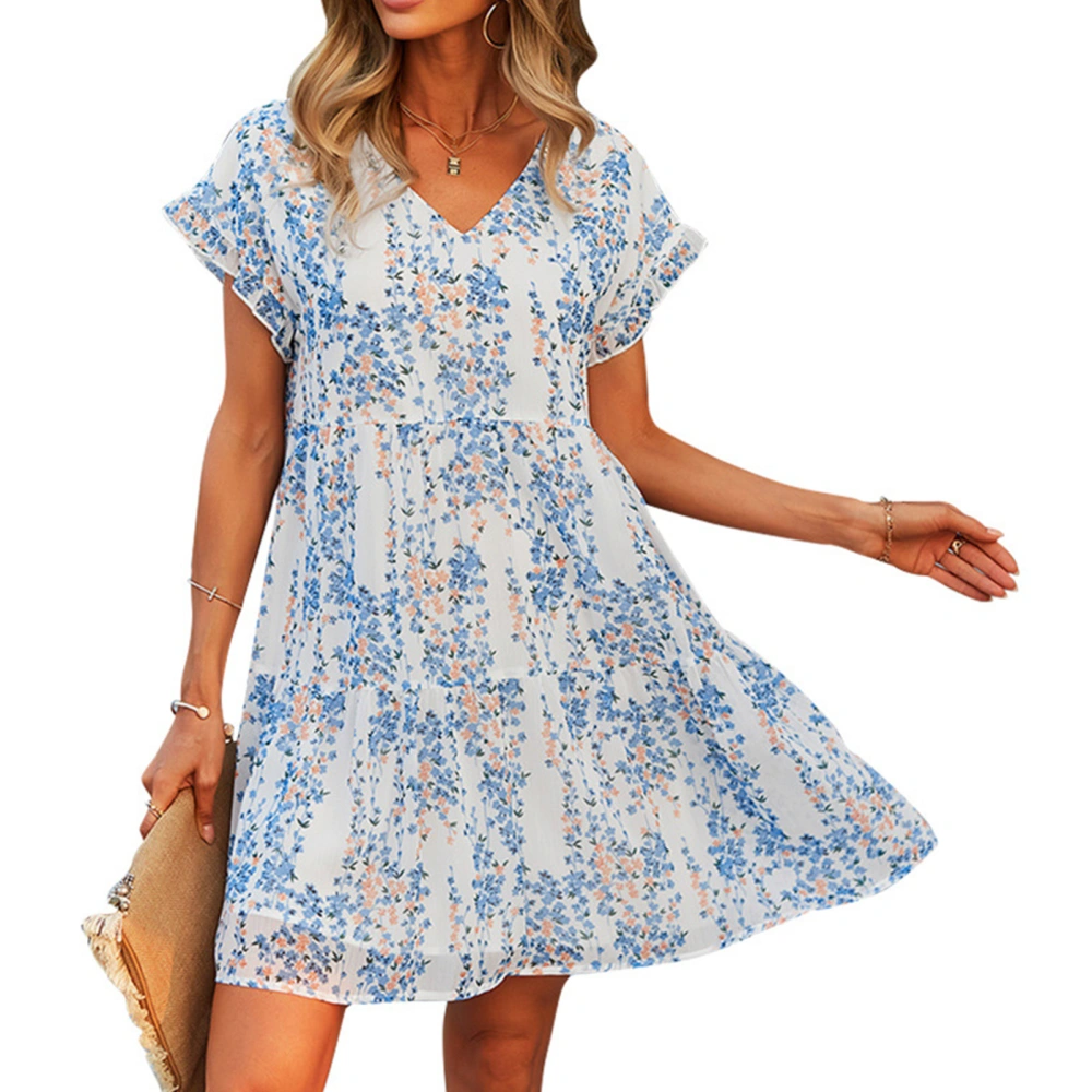 Women V Neck Floral Printed Dress Short Batwing Sleeves Ruffle Trim Summer A Line Dress White M