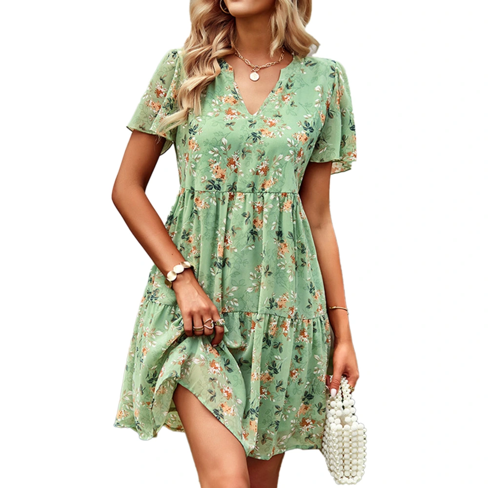 V Neckline Printed Dress Short Sleeve A Line Fashionable V Neck Dress for Women Wedding Green S