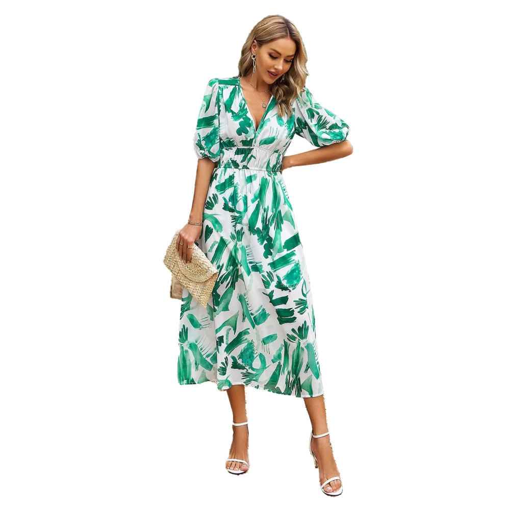 Women Deep V Neck Maxi Dress Pleated High Waist Floral Print Flowy Elegant Short Puff Sleeve Long Dress Light Green L