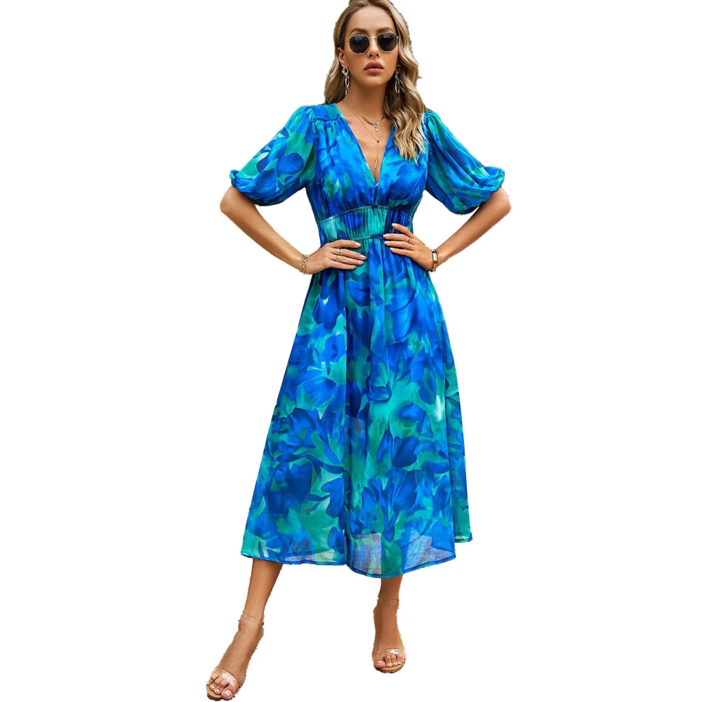 Women Deep V Neck Maxi Dress Pleated High Waist Floral Print Flowy Elegant Short Puff Sleeve Long Dress Blue XL