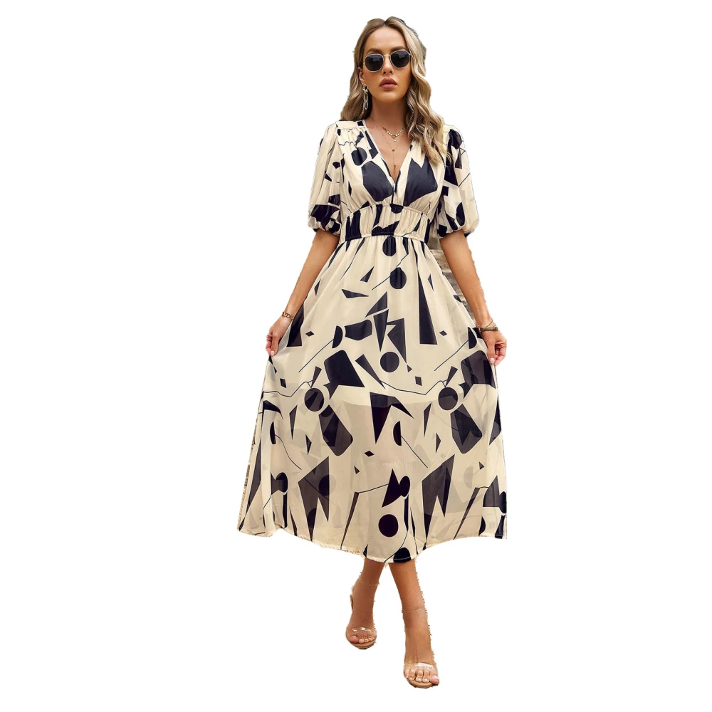 Women Deep V Neck Maxi Dress Pleated High Waist Floral Print Flowy Elegant Short Puff Sleeve Long Dress Apricot L