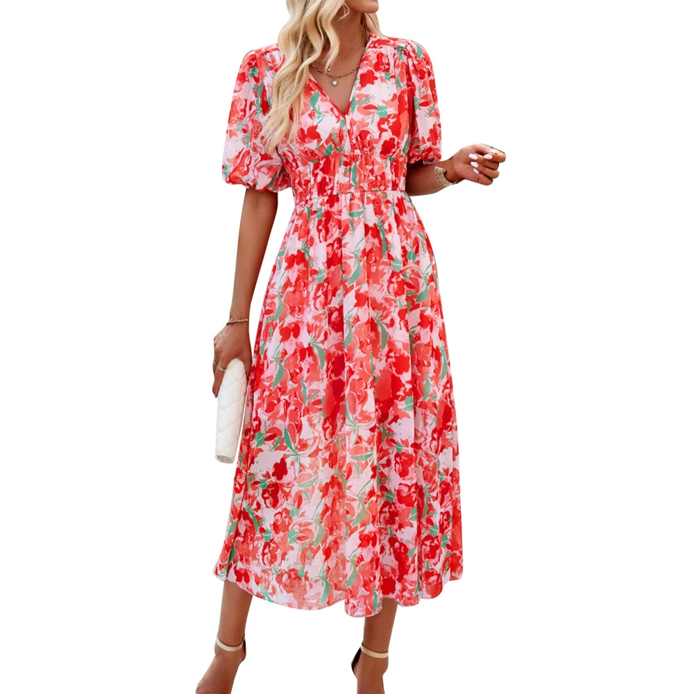 Women V Neck Maxi Dress Floral Printed Short Lantern Sleeve Flowy Flattering Waistline Midi Long Dress Red S