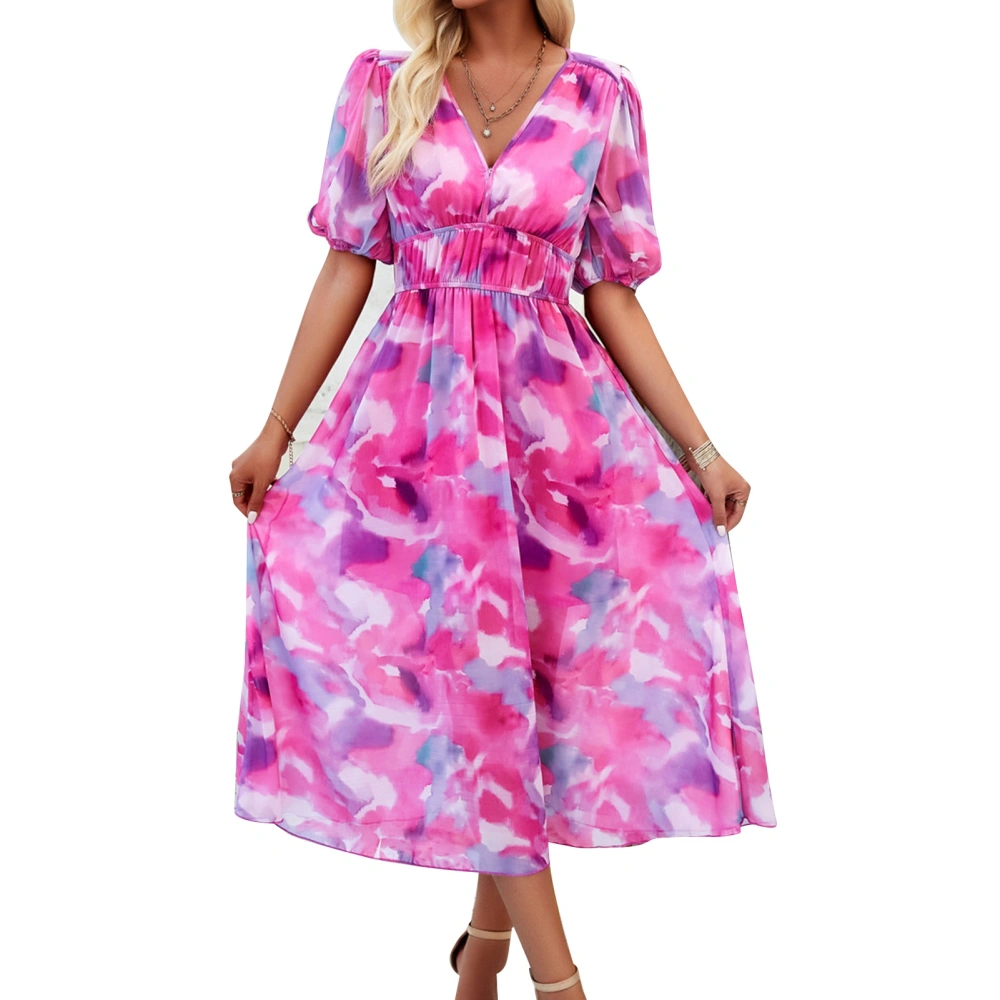 Women V Neck Maxi Dress Floral Printed Short Lantern Sleeve Flowy Flattering Waistline Midi Long Dress Pink XL