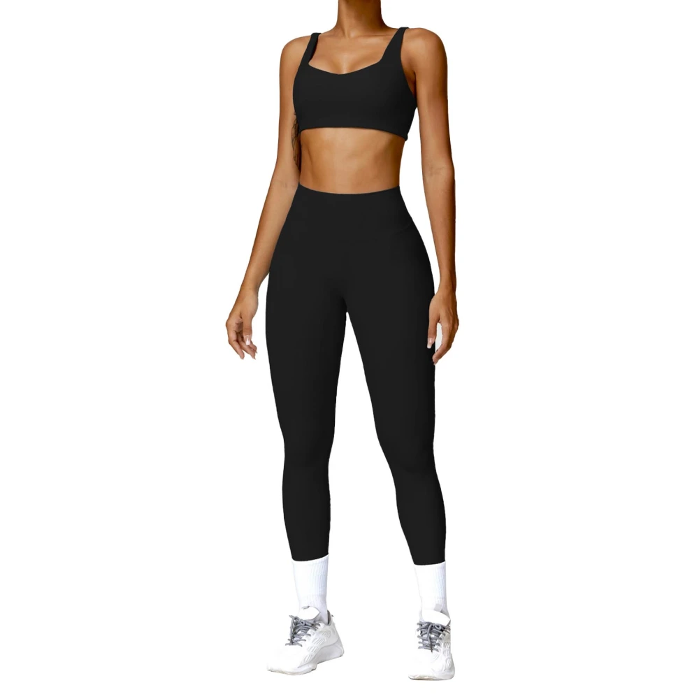 Women Workout Set High Waist Leggings U Neck Bra Sweat Wicking Tummy Control Two Piece Workout Outfits Black S