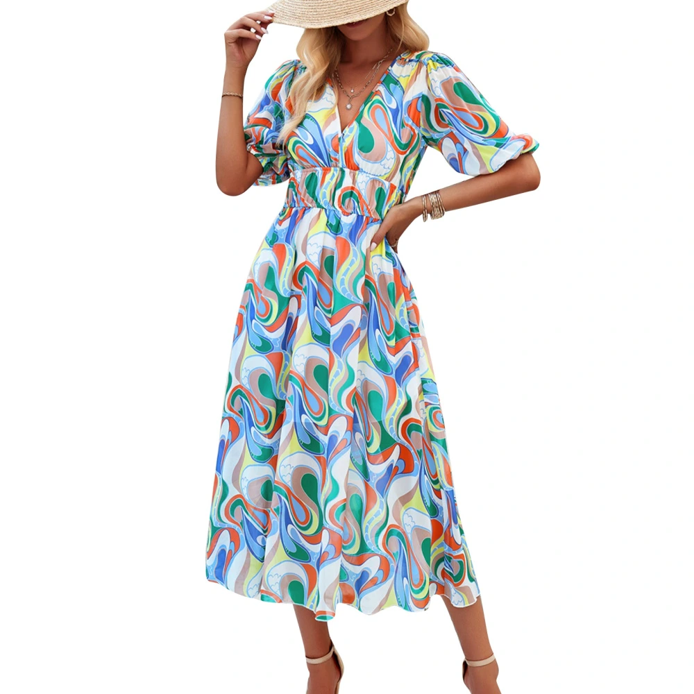 Women V Neck Maxi Dress Floral Printed Short Lantern Sleeve Flowy Flattering Waistline Midi Long Dress Green M